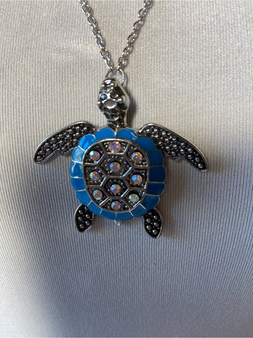 Vintage Blue Turtle Pendant Necklace with Sparkling Accents